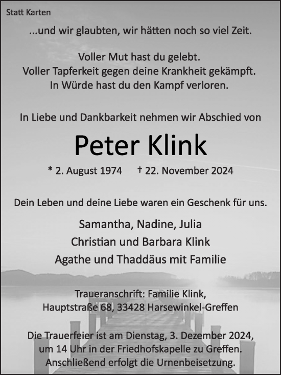 Traueranzeige von Peter Klink von Die Glocke