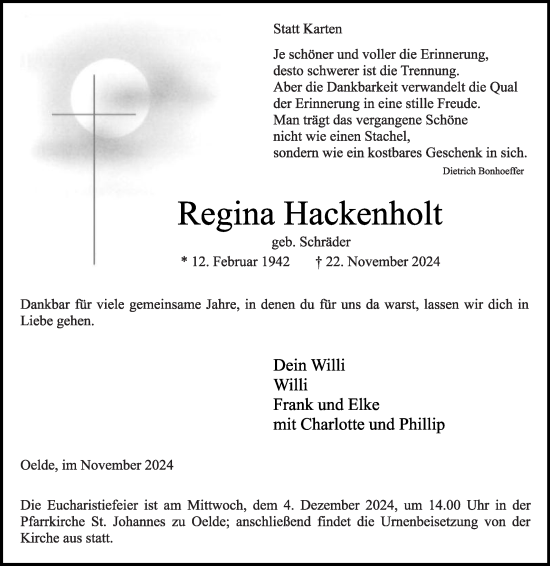 Traueranzeige von Regina Hackenholt von Die Glocke