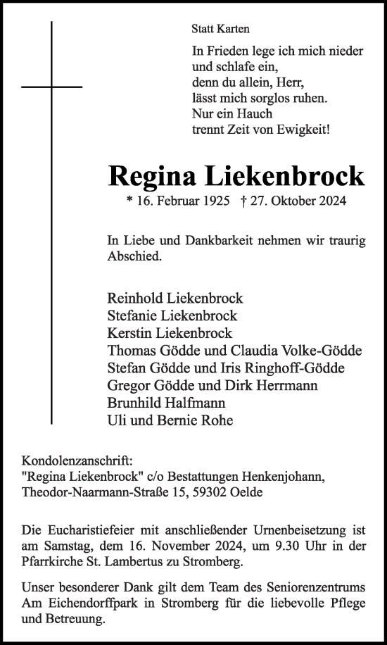 Traueranzeige von Regina Liekenbrock von Die Glocke