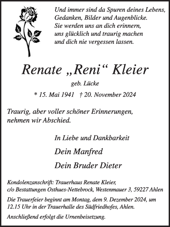 Traueranzeige von Renate Kleier von Die Glocke