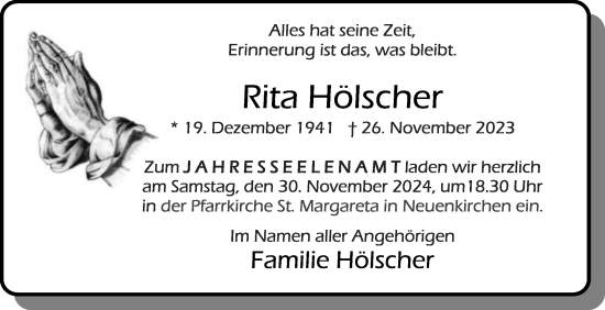 Traueranzeige von Rita Hölscher von Die Glocke