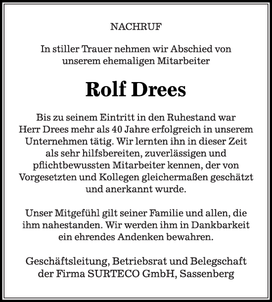 Traueranzeige von Rolf Drees von Die Glocke