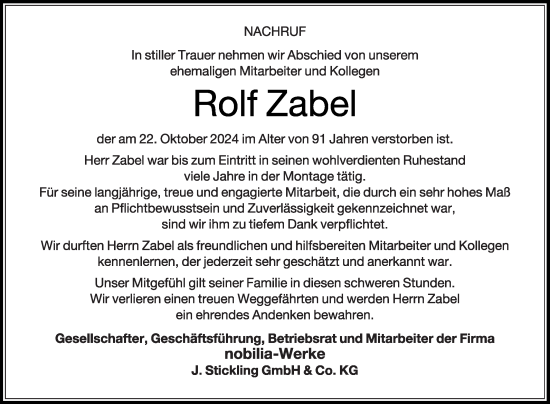 Traueranzeige von Rolf Zabel von Die Glocke