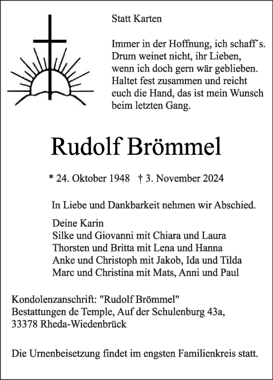 Traueranzeige von Rudolf Brömmel von Die Glocke