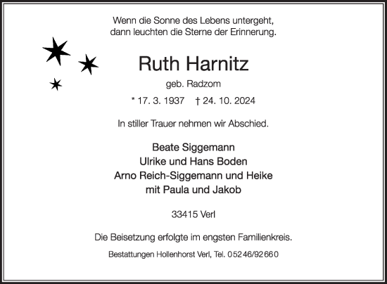 Traueranzeige von Ruth Harnitz von Die Glocke