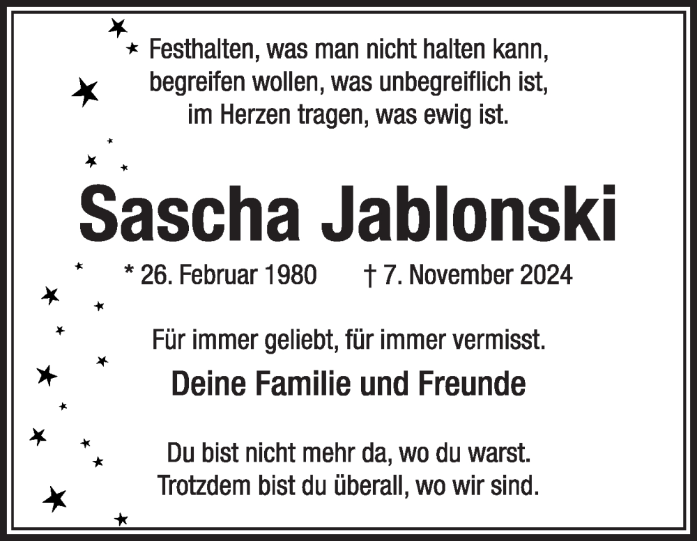  Traueranzeige für Sascha Jablonski vom 16.11.2024 aus Die Glocke