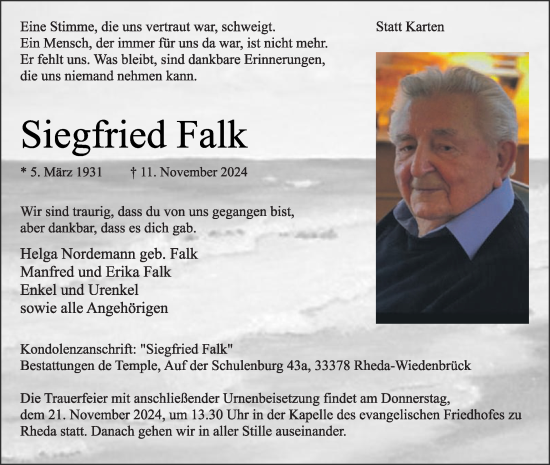 Traueranzeige von Siegfried Falk von Die Glocke