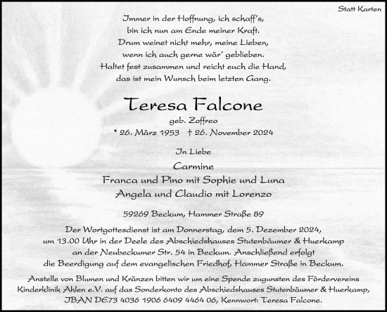 Traueranzeige von Teresa Falcone von Die Glocke