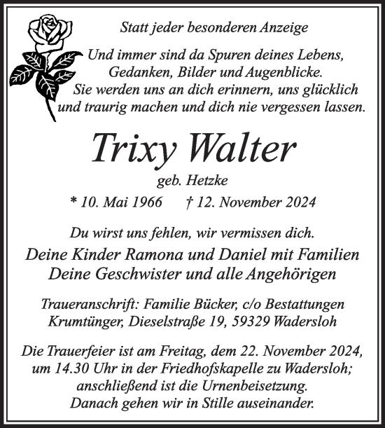 Traueranzeige von Trixy Walter von Die Glocke