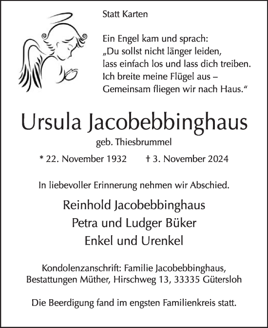 Traueranzeige von Ursula Jacobebbinghaus von Die Glocke