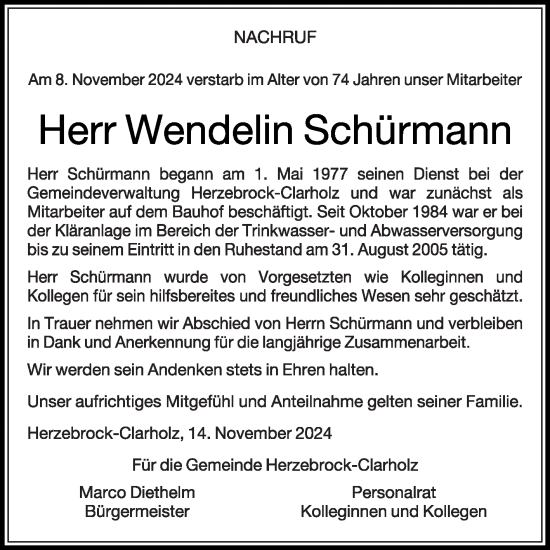 Traueranzeige von Wendelin Schürmann von Die Glocke