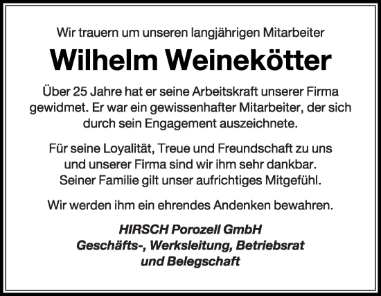 Traueranzeige von Wilhelm Weinekötter von Die Glocke