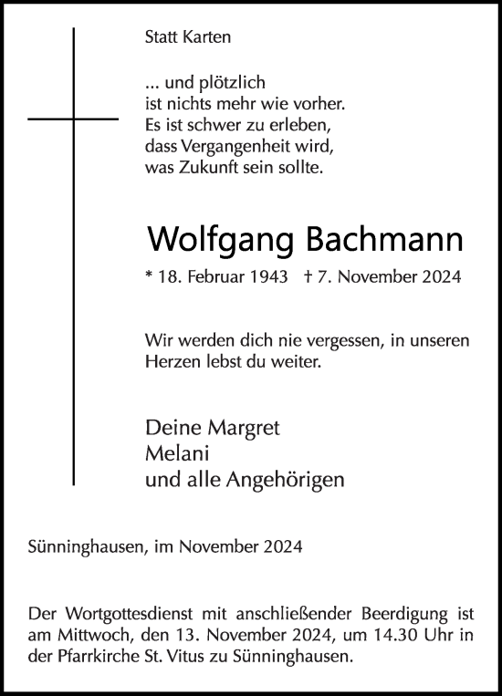 Traueranzeige von Wolfgang Bachmann von Die Glocke