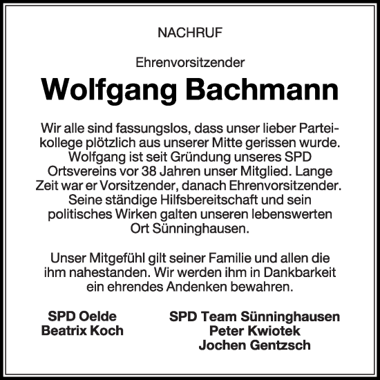 Traueranzeige von Wolfgang Bachmann von Die Glocke