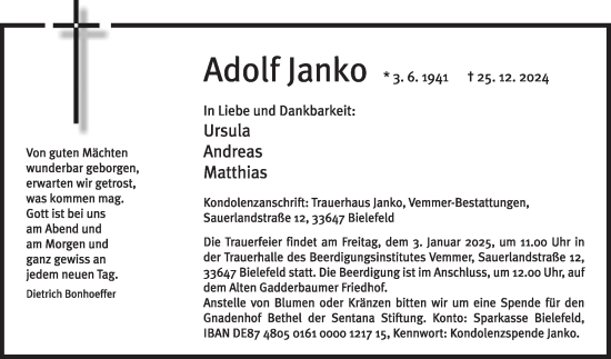 Traueranzeige von Adolf Janko von Die Glocke