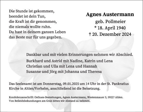 Traueranzeige von Agnes Austermann von Die Glocke