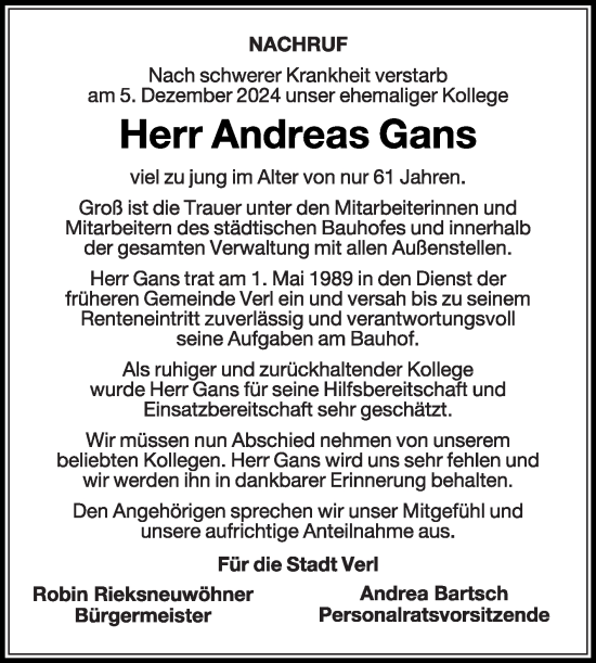 Traueranzeige von Andreas Gans von Die Glocke