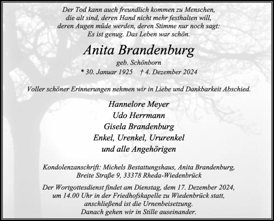 Traueranzeige von Anita Brandenburg von Die Glocke