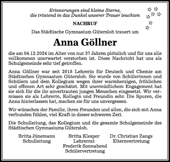 Traueranzeige von Anna Göllner von Die Glocke