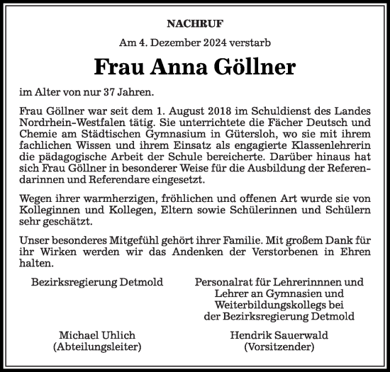 Traueranzeige von Anna Göllner von Die Glocke