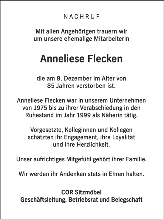 Traueranzeige von Anneliese Flecken von Die Glocke