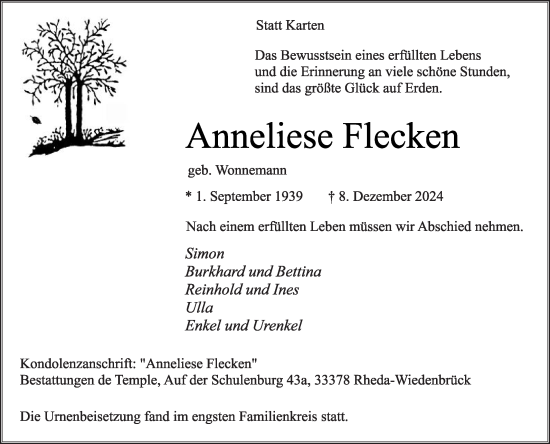 Traueranzeige von Anneliese Flecken von Die Glocke