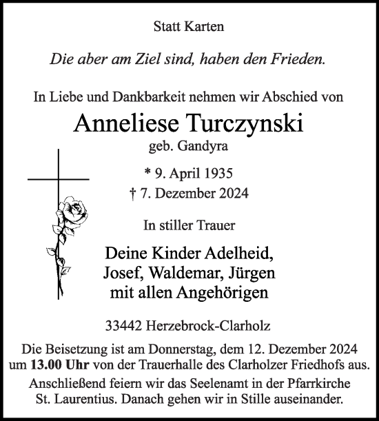 Traueranzeige von Anneliese Turczynski von Die Glocke