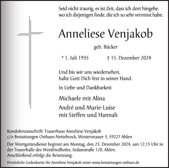 Traueranzeige von Anneliese Venjakob von Die Glocke