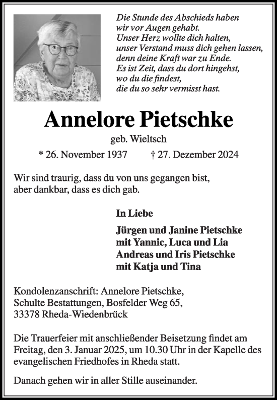 Traueranzeige von Annelore Pietschke von Die Glocke