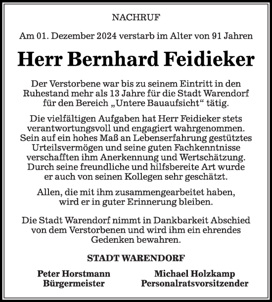 Traueranzeige von Bernhard Feidieker von Die Glocke