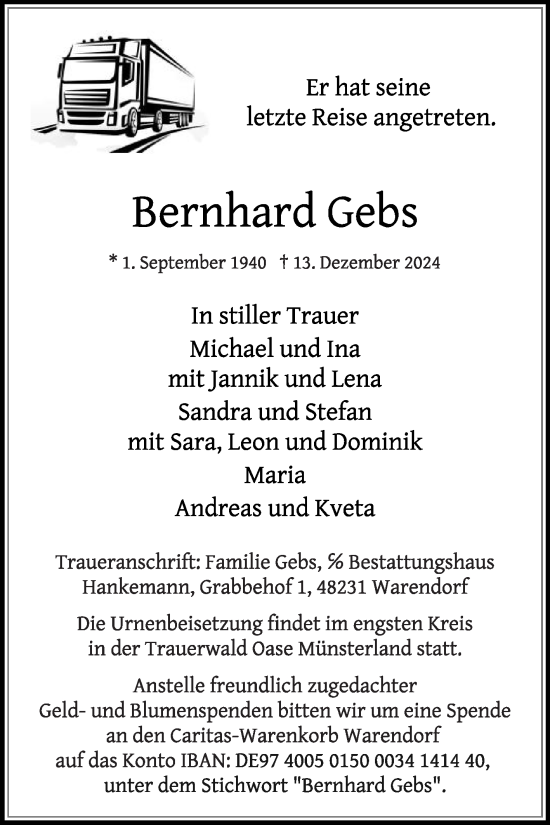 Traueranzeige von Bernhard Gebs von Die Glocke