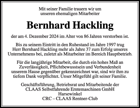 Traueranzeige von Bernhard Hackling von Die Glocke