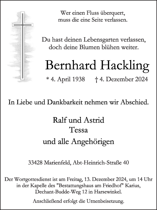 Traueranzeige von Bernhard Hackling von Die Glocke