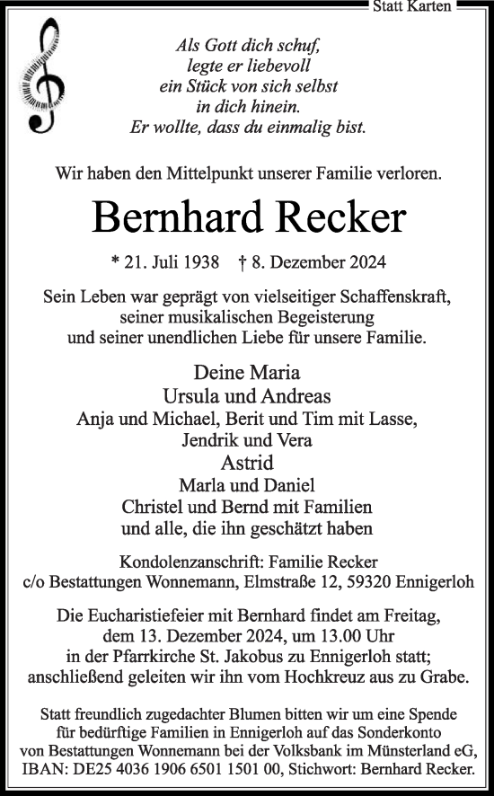 Traueranzeige von Bernhard Recker von Die Glocke