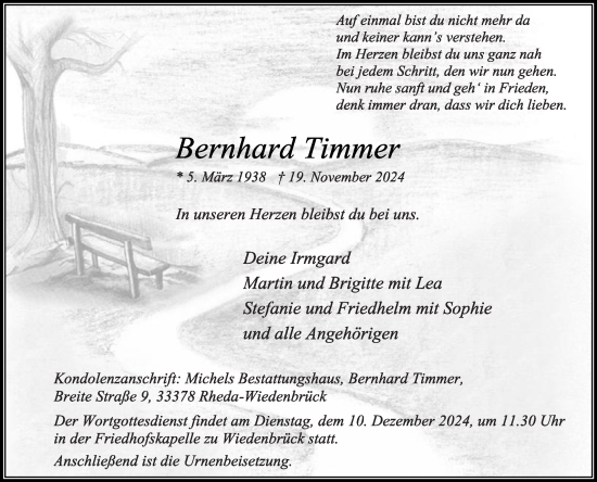 Traueranzeige von Bernhard Timmer von Die Glocke