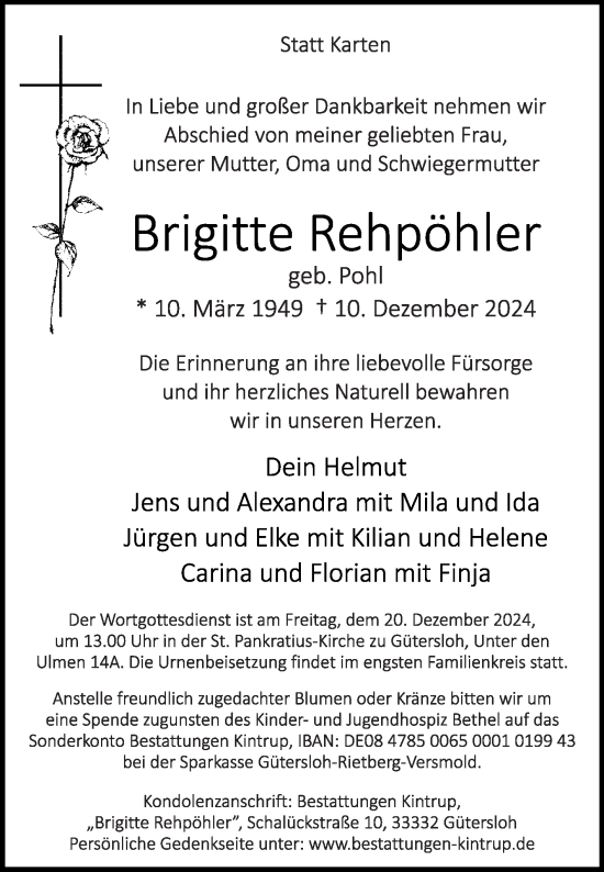 Traueranzeige von Brigitte Rehpöhler von Die Glocke