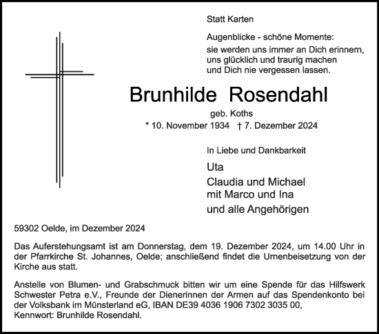 Traueranzeige von Brunhilde Rosendahl von Die Glocke