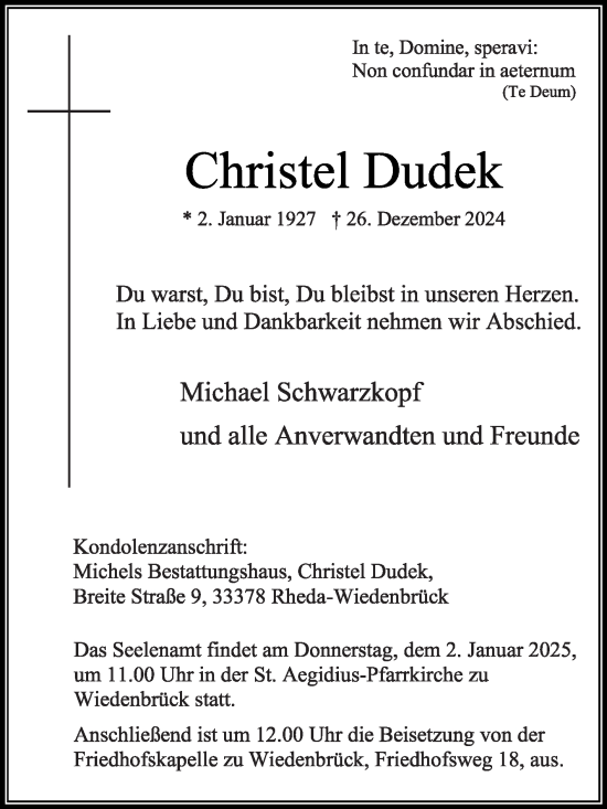 Traueranzeige von Christel Dudek von Die Glocke