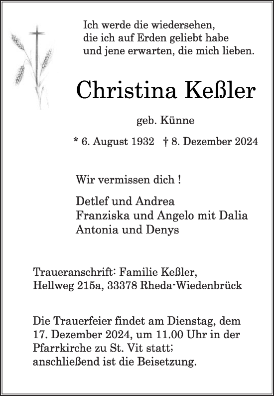 Traueranzeige von Christina Keßler von Die Glocke