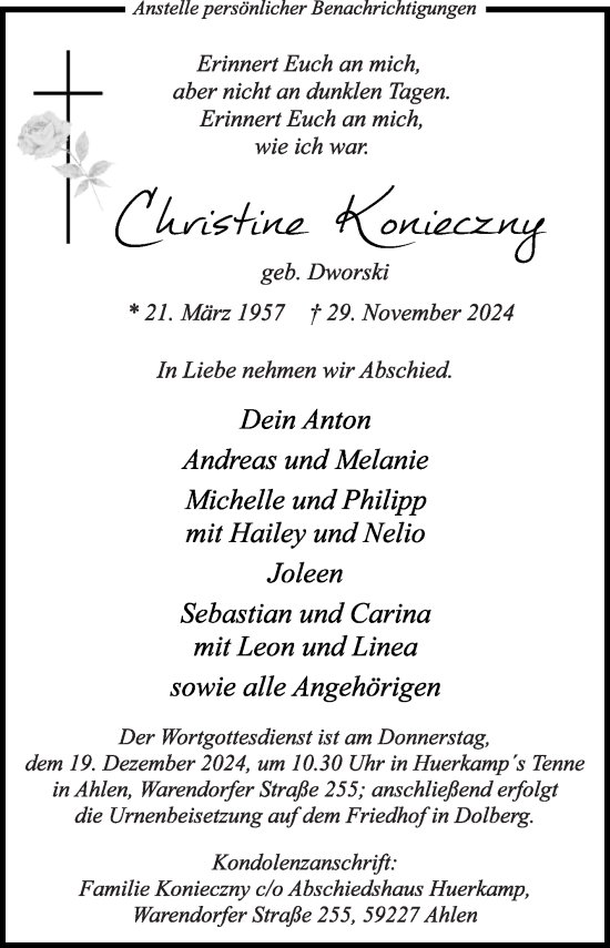 Traueranzeige von Christine Konieczny von Die Glocke