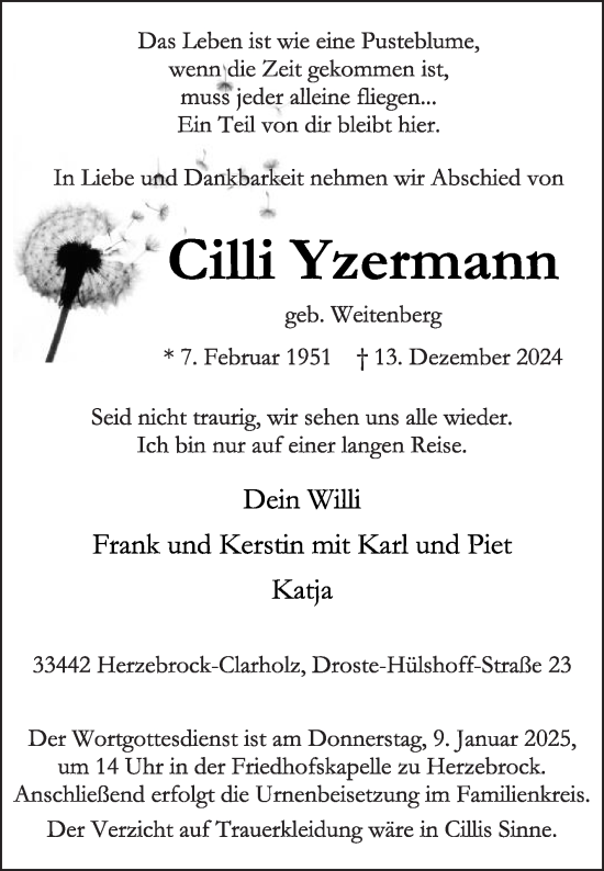 Traueranzeige von Cilli Yzermann von Die Glocke