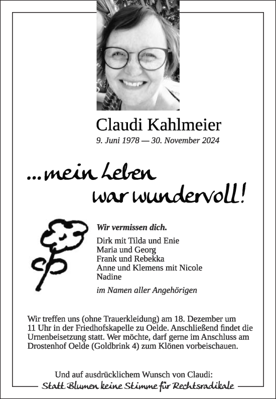 Traueranzeige von Claudi Kahlmeier von Die Glocke