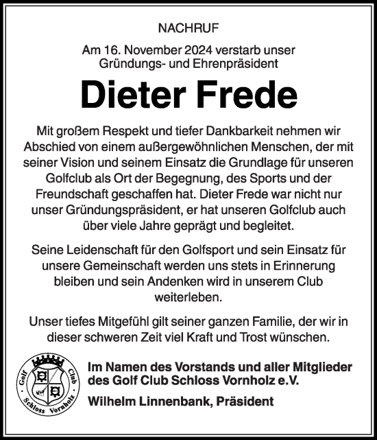 Traueranzeige von Dieter Frede von Die Glocke