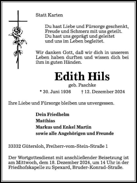 Traueranzeige von Edith Hils von Die Glocke