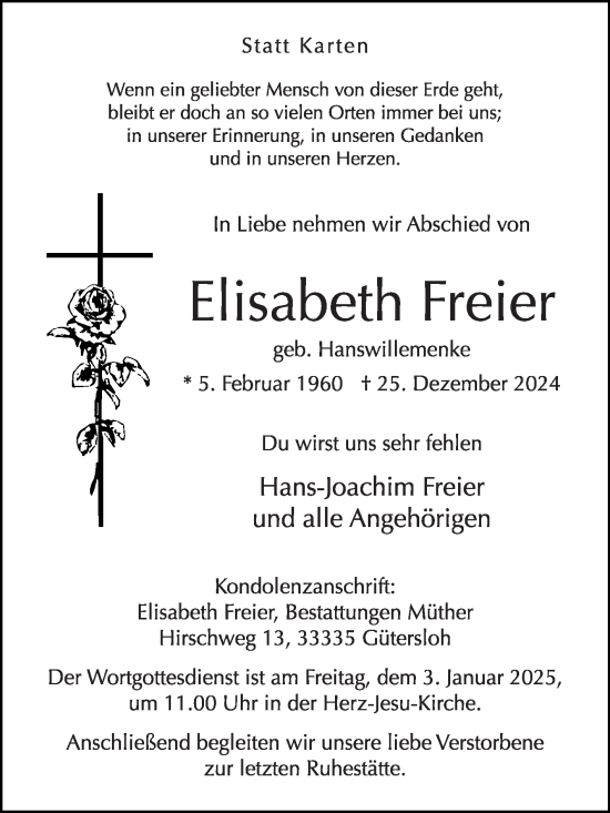 Traueranzeige von Elisabeth Freier von Die Glocke