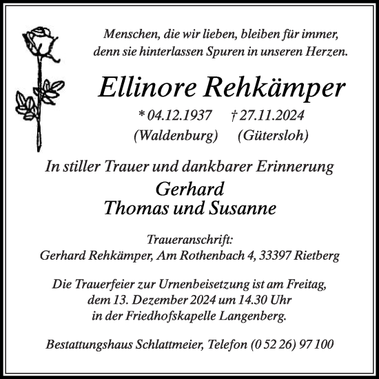 Traueranzeige von Ellinore Rehkämper von Die Glocke