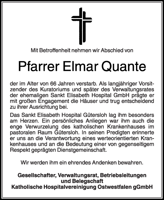 Traueranzeige von Elmar Quante von Die Glocke