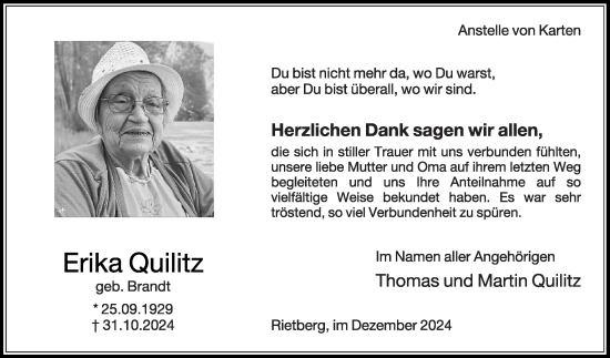 Traueranzeige von Erika Quilitz von Die Glocke