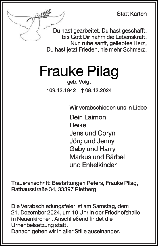 Traueranzeige von Frauke Pilag von Die Glocke