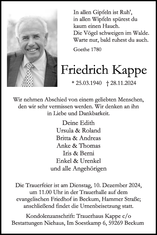 Traueranzeige von Friedrich Kappe von Die Glocke